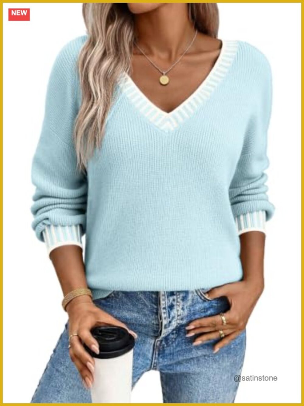 V Neck Long Sleeve Contrast Knit Pullover Sweater - Women's Chunky Cable Knit